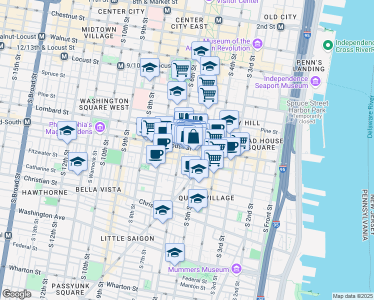 map of restaurants, bars, coffee shops, grocery stores, and more near 517 South Randolph Street in Philadelphia