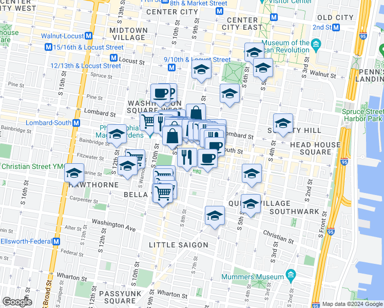 map of restaurants, bars, coffee shops, grocery stores, and more near 824 South Street in Philadelphia
