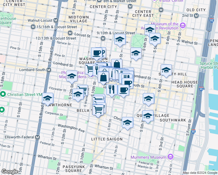 map of restaurants, bars, coffee shops, grocery stores, and more near 824 South Street in Philadelphia