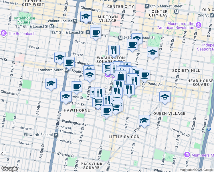 map of restaurants, bars, coffee shops, grocery stores, and more near in Philadelphia