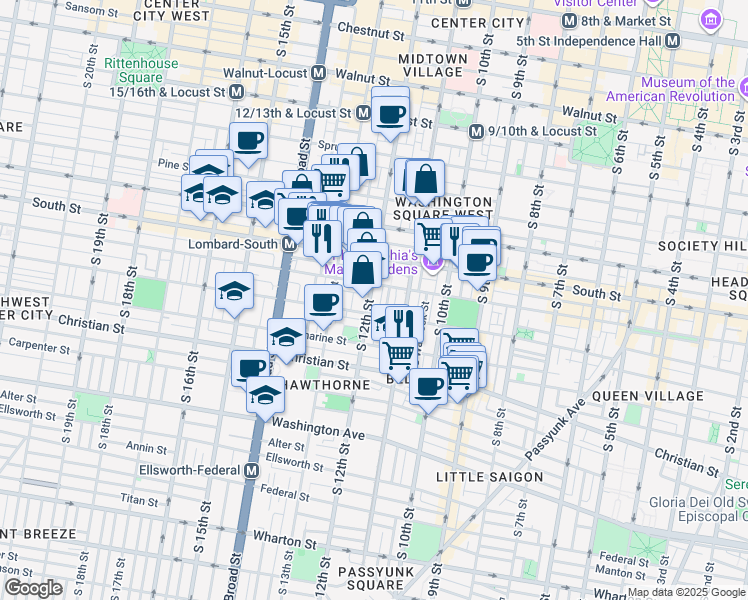 map of restaurants, bars, coffee shops, grocery stores, and more near 711 South 12th Street in Philadelphia