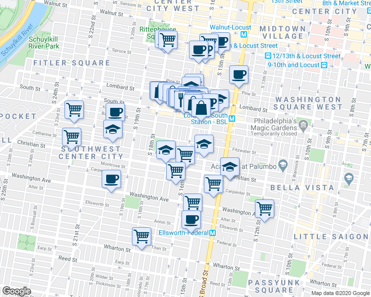 map of restaurants, bars, coffee shops, grocery stores, and more near 742 South 16th Street in Philadelphia