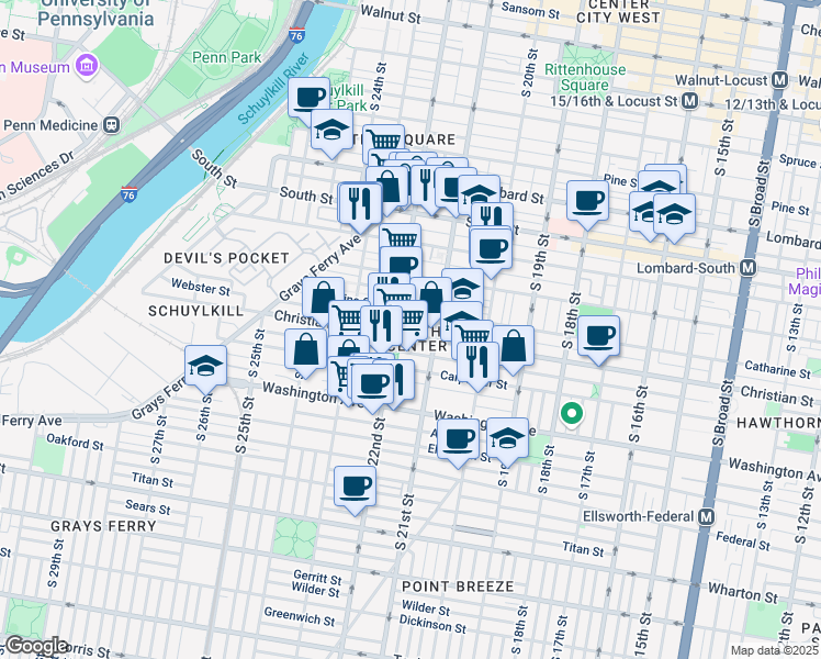 map of restaurants, bars, coffee shops, grocery stores, and more near in Philadelphia