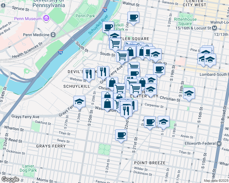 map of restaurants, bars, coffee shops, grocery stores, and more near 2315 Christian Street in Philadelphia