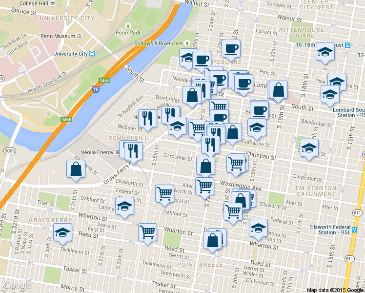map of restaurants, bars, coffee shops, grocery stores, and more near 2400 Christian Street in Philadelphia