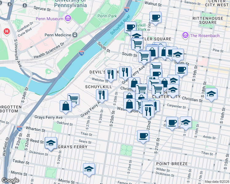 map of restaurants, bars, coffee shops, grocery stores, and more near 908 South 25th Street in Philadelphia