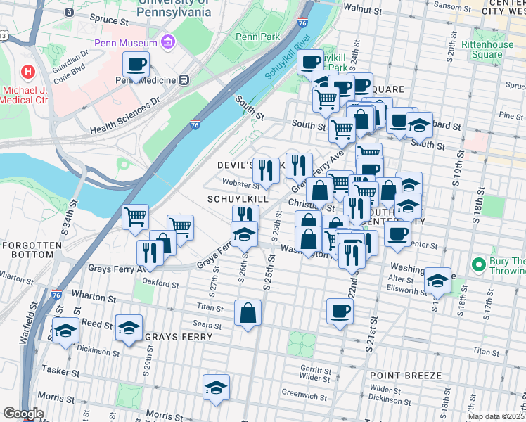 map of restaurants, bars, coffee shops, grocery stores, and more near 2549 Montrose Street in Philadelphia
