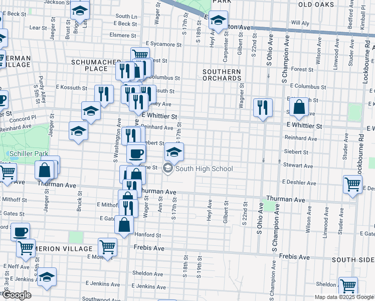 map of restaurants, bars, coffee shops, grocery stores, and more near 667 Siebert Street in Columbus