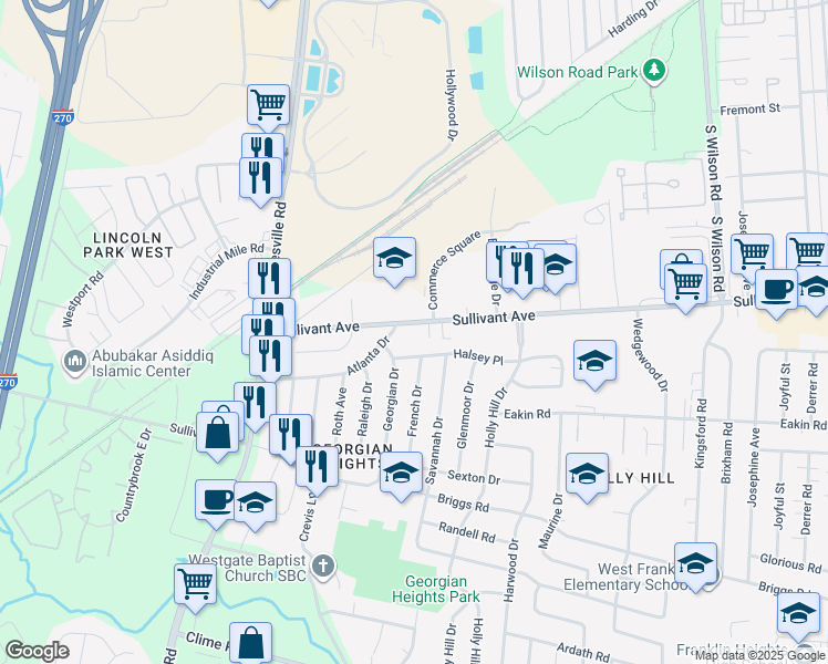 map of restaurants, bars, coffee shops, grocery stores, and more near 4021 Sullivant Avenue in Columbus