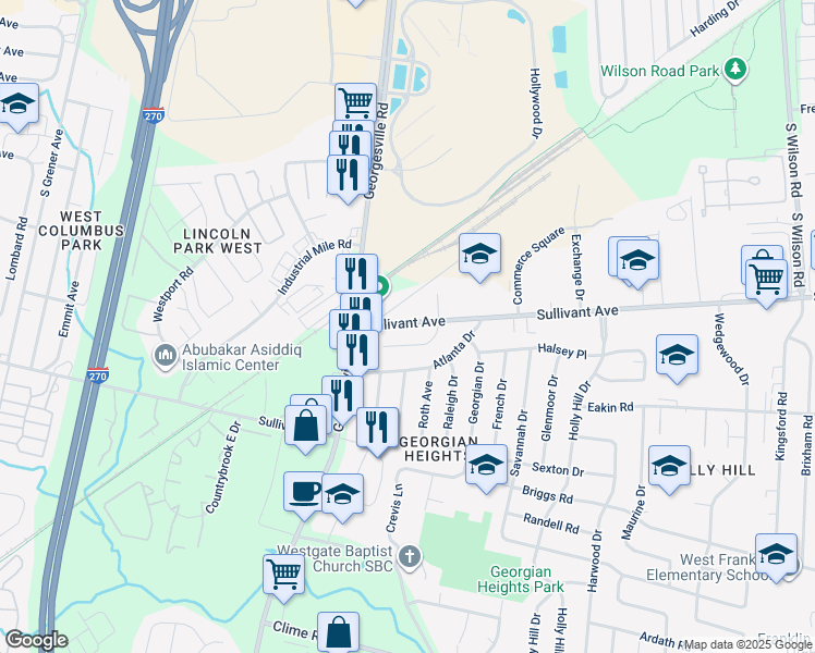 map of restaurants, bars, coffee shops, grocery stores, and more near in Columbus