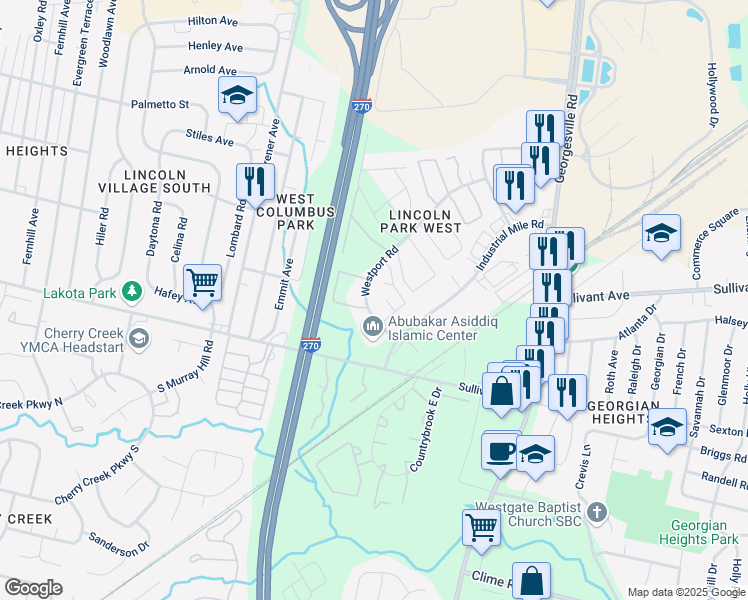 map of restaurants, bars, coffee shops, grocery stores, and more near 4573 Westport Road in Columbus