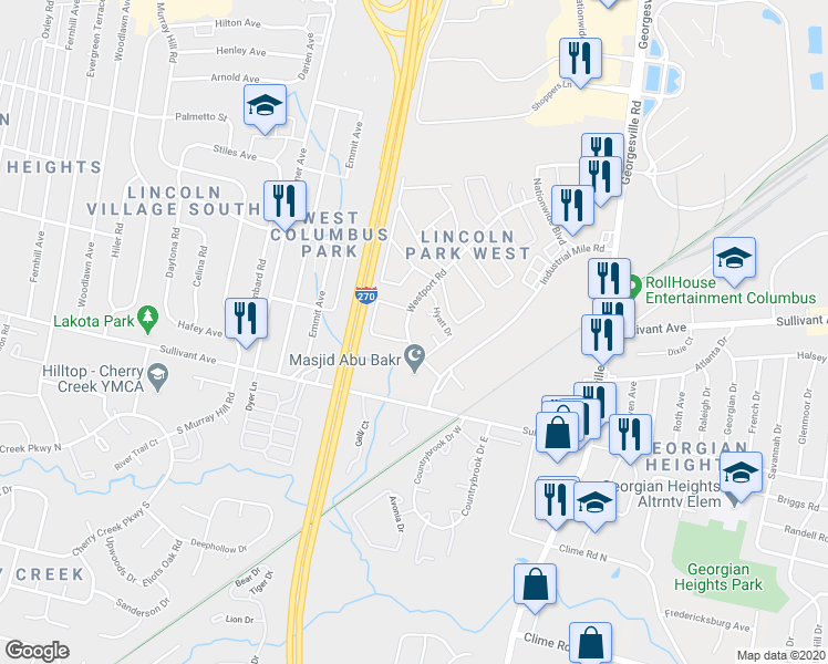 map of restaurants, bars, coffee shops, grocery stores, and more near 4573 Westport Road in Columbus