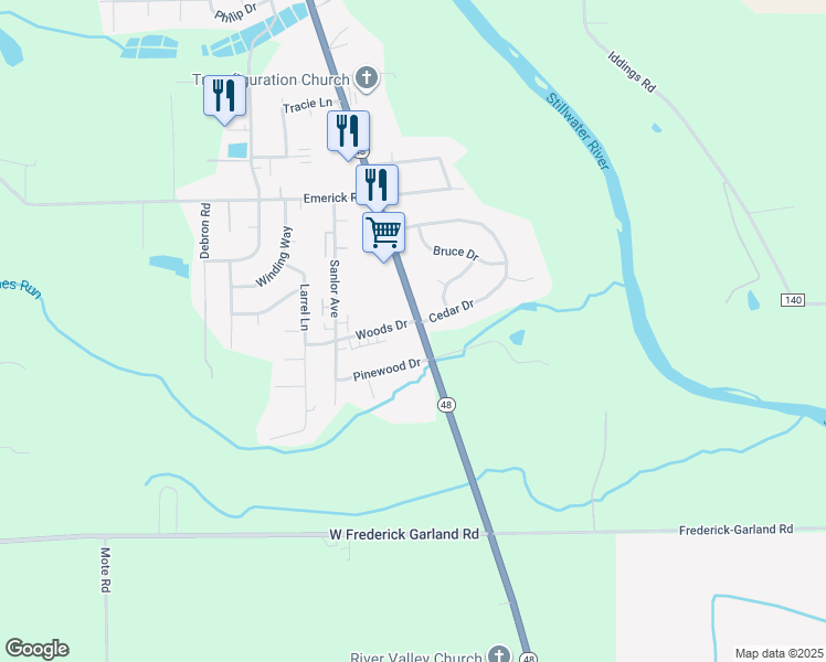 map of restaurants, bars, coffee shops, grocery stores, and more near 7 Woods Drive in West Milton