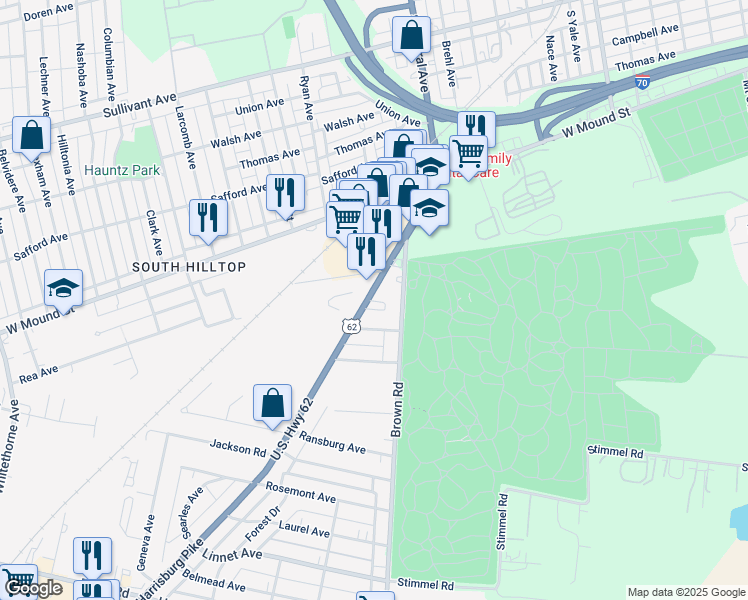 map of restaurants, bars, coffee shops, grocery stores, and more near 800 Harrisburg Pike in Columbus