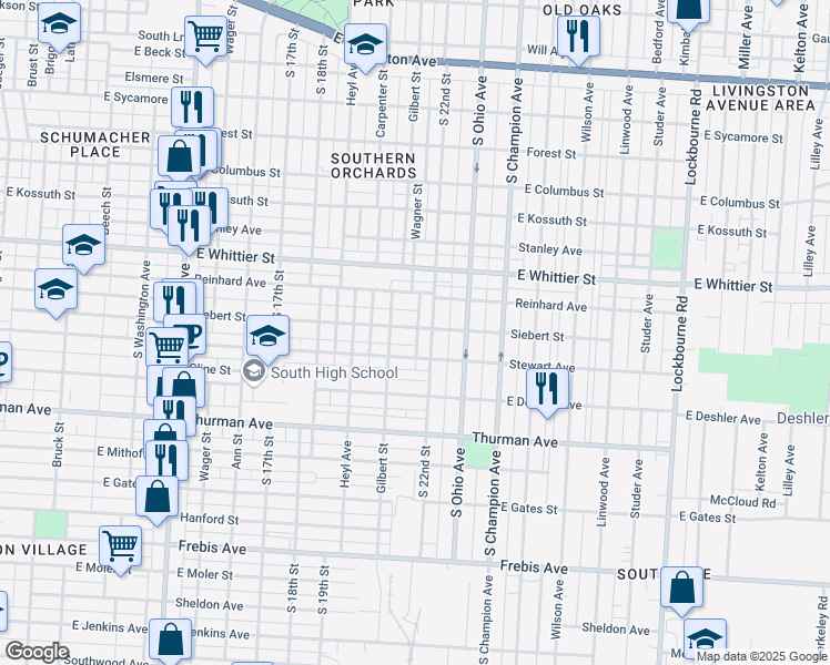map of restaurants, bars, coffee shops, grocery stores, and more near 833 Siebert Street in Columbus