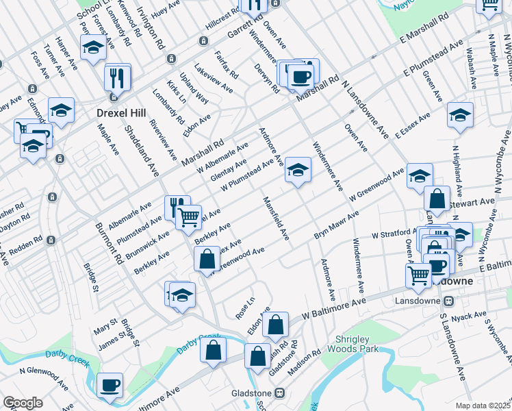map of restaurants, bars, coffee shops, grocery stores, and more near 203 Berkley Avenue in Lansdowne