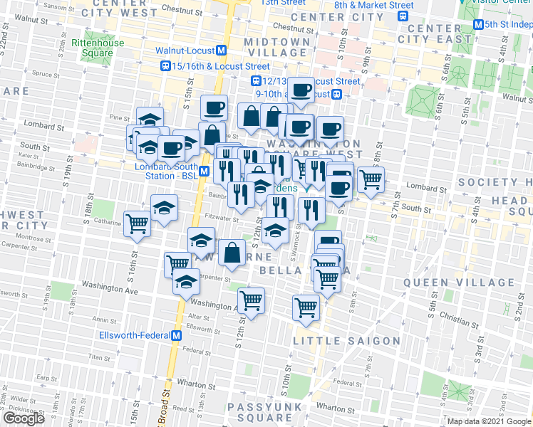map of restaurants, bars, coffee shops, grocery stores, and more near 716-18 South Sartain Street in Philadelphia