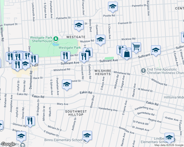 map of restaurants, bars, coffee shops, grocery stores, and more near 614 Salisbury Road in Columbus