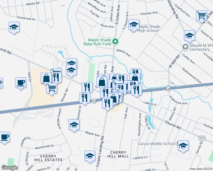 map of restaurants, bars, coffee shops, grocery stores, and more near 37 Coles Ave in Cherry Hill