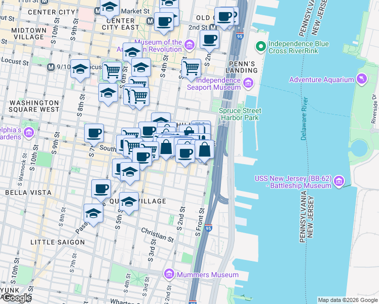 map of restaurants, bars, coffee shops, grocery stores, and more near 520 South 2nd Street in Philadelphia