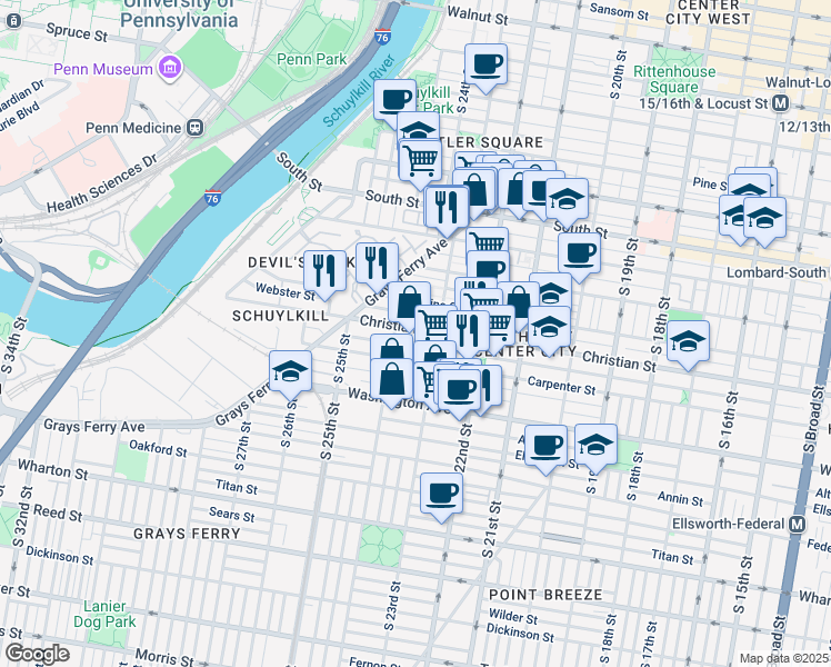 map of restaurants, bars, coffee shops, grocery stores, and more near 2326 Christian Street in Philadelphia
