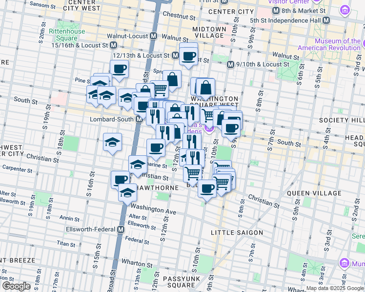 map of restaurants, bars, coffee shops, grocery stores, and more near 716-18 South Sartain Street in Philadelphia