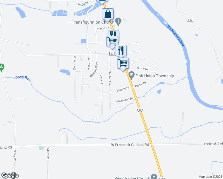 map of restaurants, bars, coffee shops, grocery stores, and more near 1299 Sanlor Avenue in West Milton