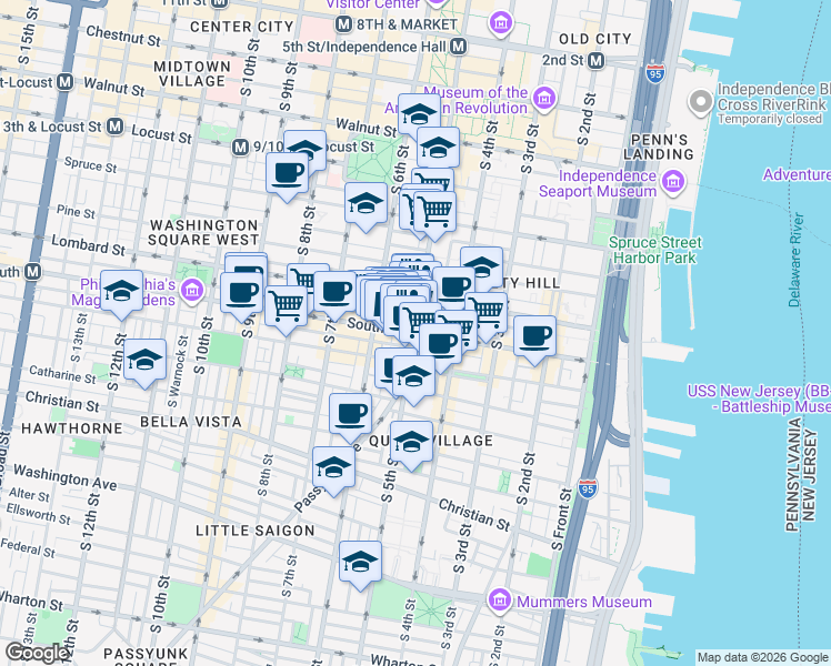 map of restaurants, bars, coffee shops, grocery stores, and more near South Street & South 5th Street in Philadelphia