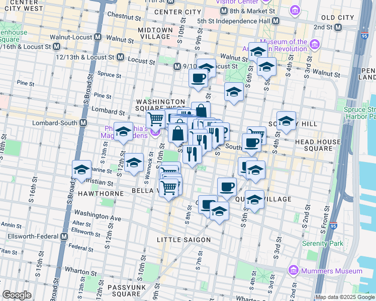 map of restaurants, bars, coffee shops, grocery stores, and more near 825 Bainbridge Street in Philadelphia