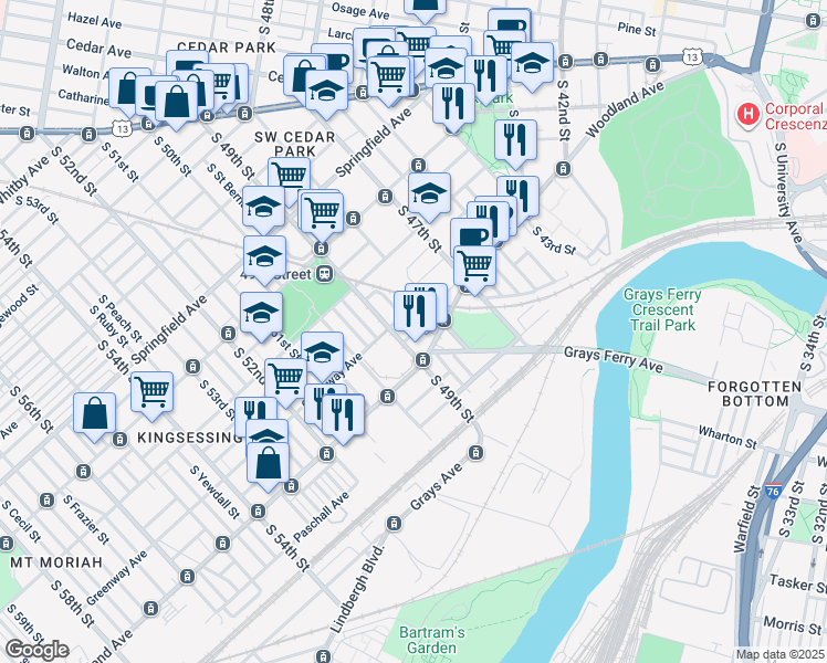 map of restaurants, bars, coffee shops, grocery stores, and more near 1308 Hanson Street in Philadelphia