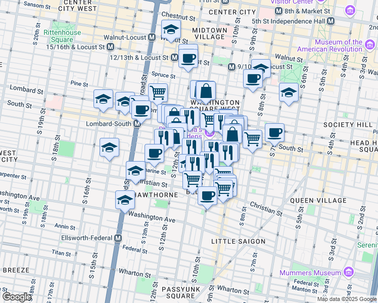 map of restaurants, bars, coffee shops, grocery stores, and more near 711 South Marvine Street in Philadelphia