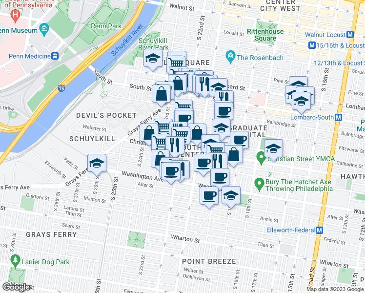 map of restaurants, bars, coffee shops, grocery stores, and more near 2147 Christian Street in Philadelphia