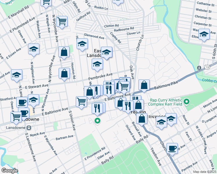 map of restaurants, bars, coffee shops, grocery stores, and more near 35 Penn Boulevard in Lansdowne