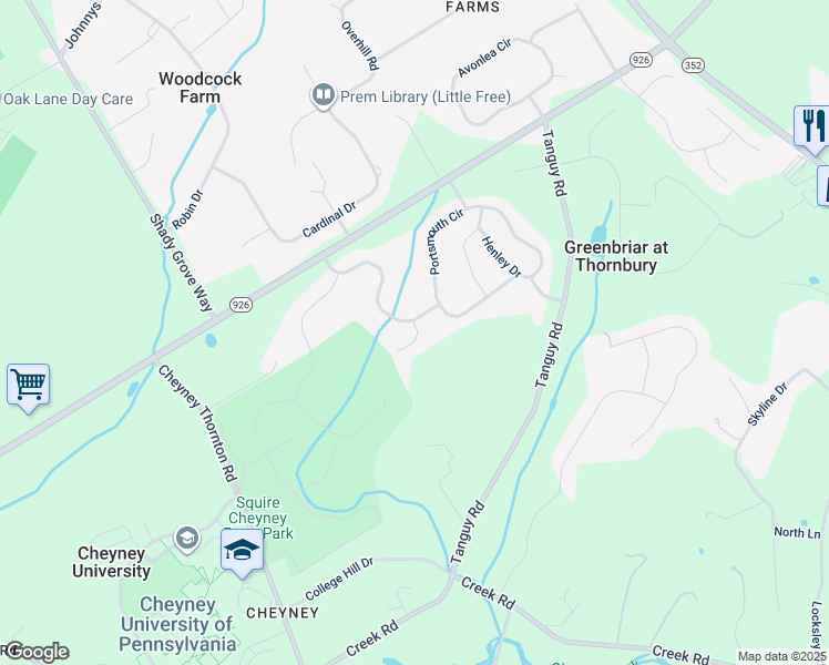 map of restaurants, bars, coffee shops, grocery stores, and more near 17 Newberry Court in Glen Mills