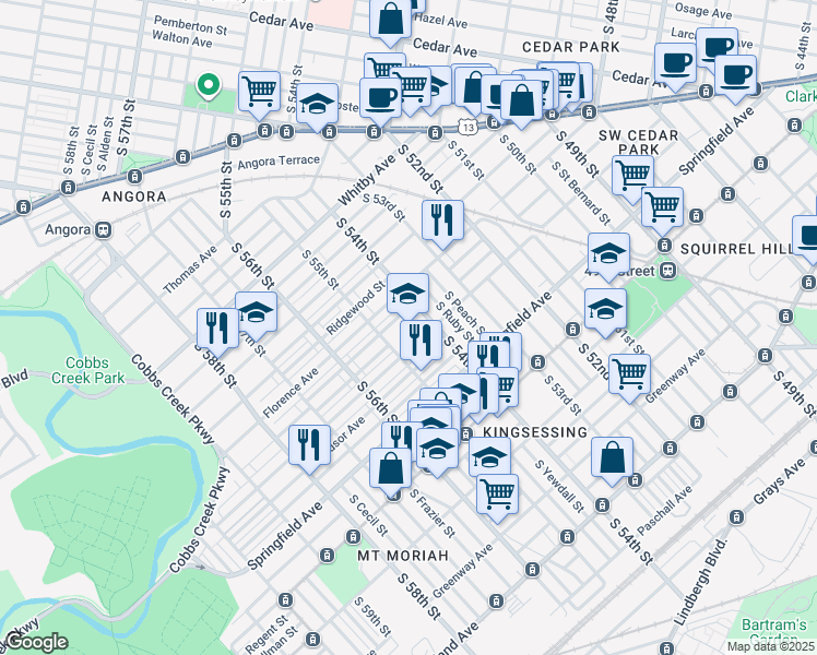 map of restaurants, bars, coffee shops, grocery stores, and more near 5400 Warrington Avenue in Philadelphia