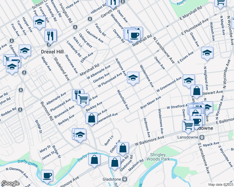 map of restaurants, bars, coffee shops, grocery stores, and more near 195 Berkley Ave in Lansdowne