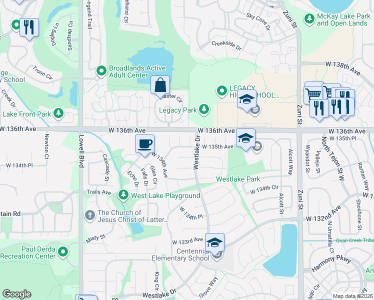 map of restaurants, bars, coffee shops, grocery stores, and more near 3154 West 135th Avenue in Broomfield