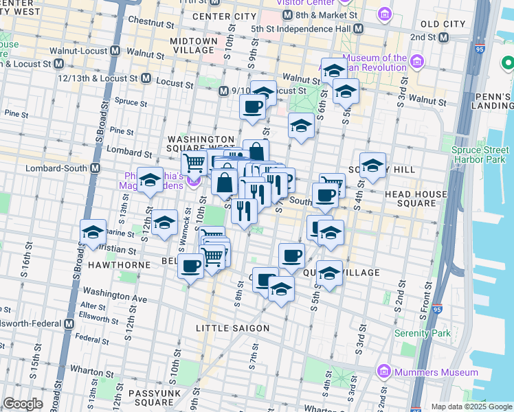 map of restaurants, bars, coffee shops, grocery stores, and more near 617 South 8th Street in Philadelphia
