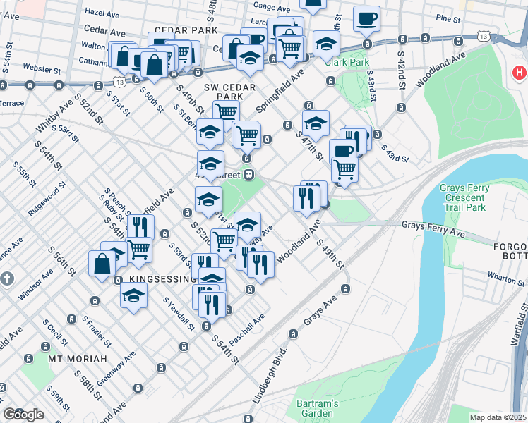map of restaurants, bars, coffee shops, grocery stores, and more near 1215 South 50th Street in Philadelphia