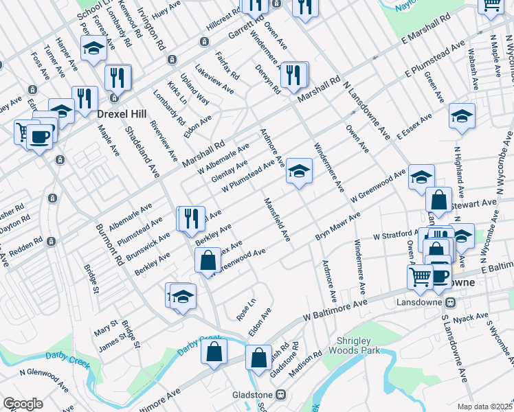 map of restaurants, bars, coffee shops, grocery stores, and more near 203 Berkley Avenue in Lansdowne