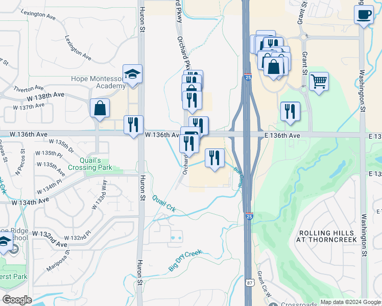 map of restaurants, bars, coffee shops, grocery stores, and more near 270 West 136th Avenue in Westminster