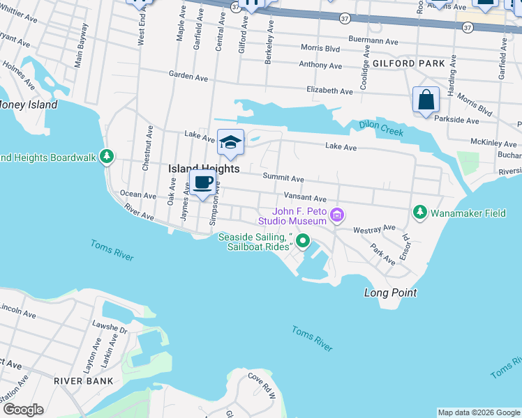 map of restaurants, bars, coffee shops, grocery stores, and more near 100 Laurel Avenue in Island Heights