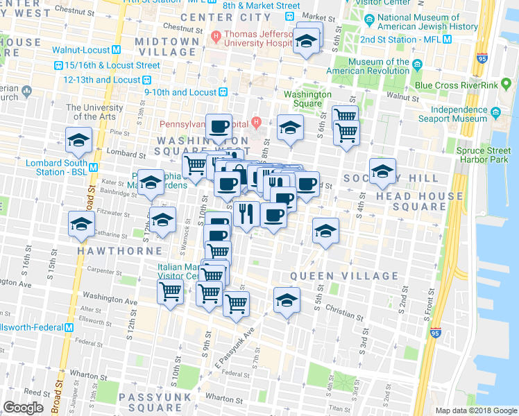 map of restaurants, bars, coffee shops, grocery stores, and more near 617 South 8th Street in Philadelphia