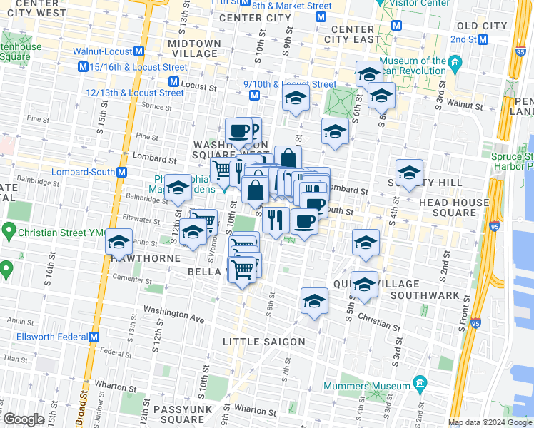 map of restaurants, bars, coffee shops, grocery stores, and more near 833 Bainbridge Street in Philadelphia