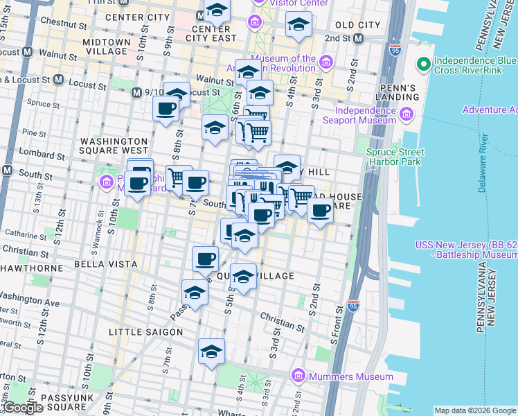 map of restaurants, bars, coffee shops, grocery stores, and more near 432-36 South Street in Philadelphia