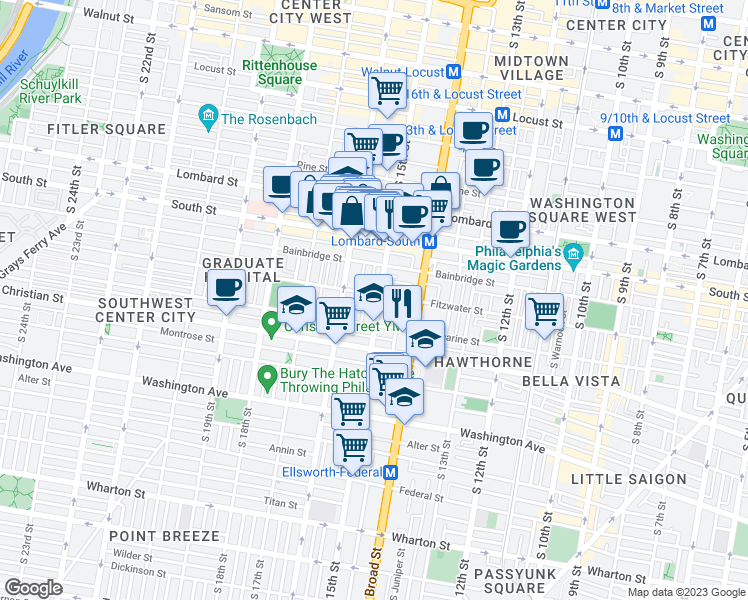 map of restaurants, bars, coffee shops, grocery stores, and more near 744 South 15th Street in Philadelphia