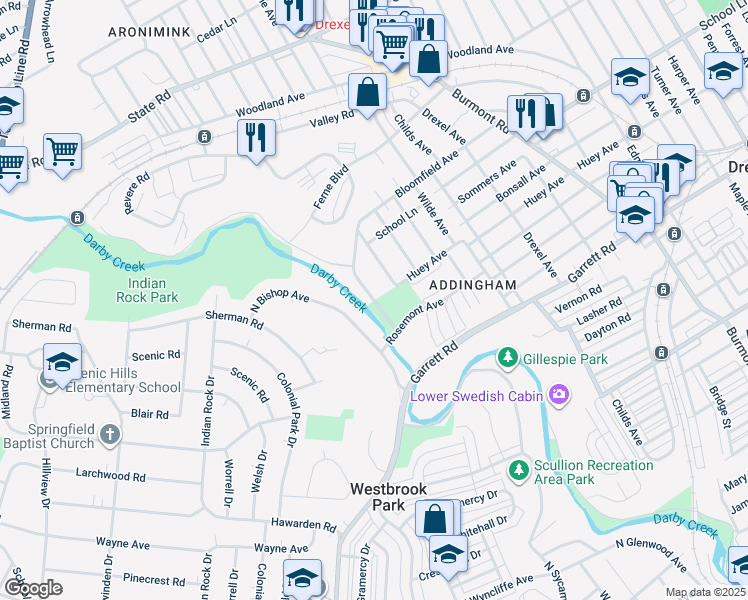 map of restaurants, bars, coffee shops, grocery stores, and more near 505 Bloomfield Ave in Drexel Hill