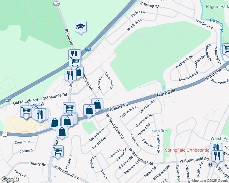 map of restaurants, bars, coffee shops, grocery stores, and more near 713 Parker Lane in Springfield