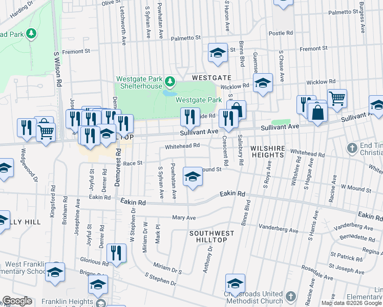 map of restaurants, bars, coffee shops, grocery stores, and more near 3181 Race Street in Columbus