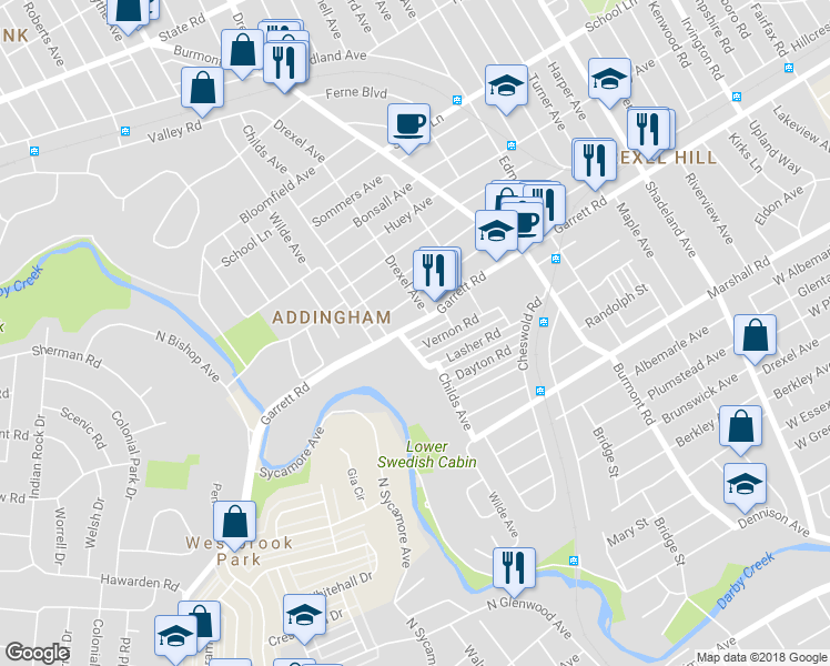 map of restaurants, bars, coffee shops, grocery stores, and more near 4128 Garrett Road in Drexel Hill